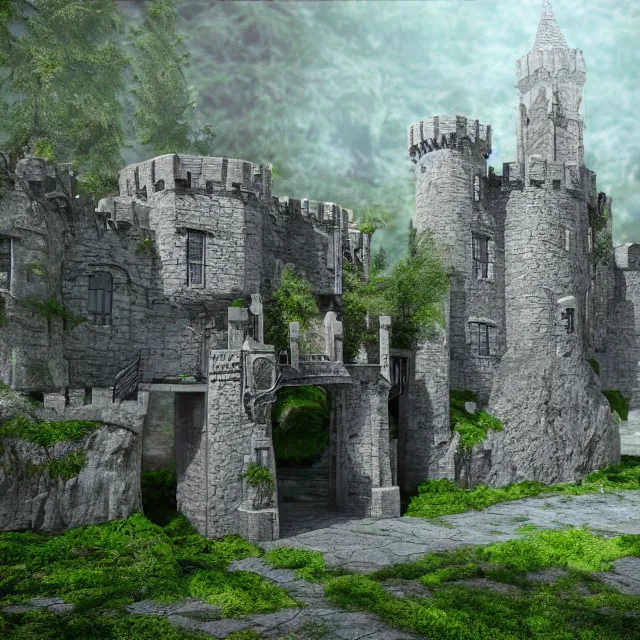 Prompt: a beautiful realistic detailed castle carved in a stone, gate, surreal, surrounded by mold and moss, photorealistic, octane render, volumetric lighting, 8 k, cinematic lighting, hd