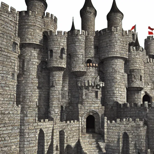 Prompt: complex 3 d render, hyper realistic, looking close up at a well maintained castle