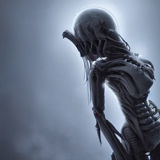 Image similar to beautiful xenomorph girl in the style of giger, ground fog, moody lighting, 8 k, lightning, shallow depth of field, cinematic lighting,