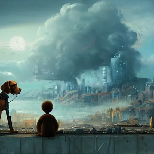 Image similar to a dog and a robot watching destroyed city from a rooftop, painting , beautiful, Concept art