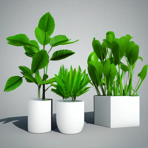 Prompt: early 3 d low polygon artifical plants on a white background