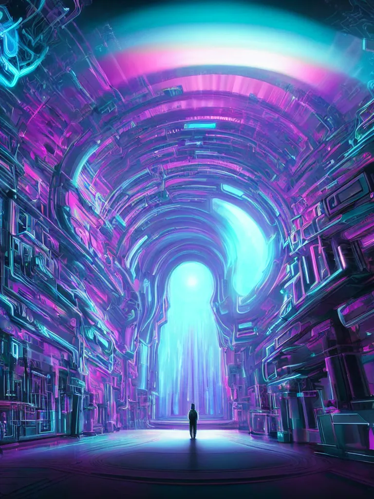 Image similar to entrance to mainframe ethereal realm, ai sentient, rendered in unreal engine, central composition, symmetrical composition, dreamy colorful cyberpunk colors, 6 point perspective, fantasy landscape with anthropomorphic terrain in the styles of igor morski, jim warren and rob gonsalves, intricate, hyperrealistic, volumetric lighting, neon ambiance, distinct horizon