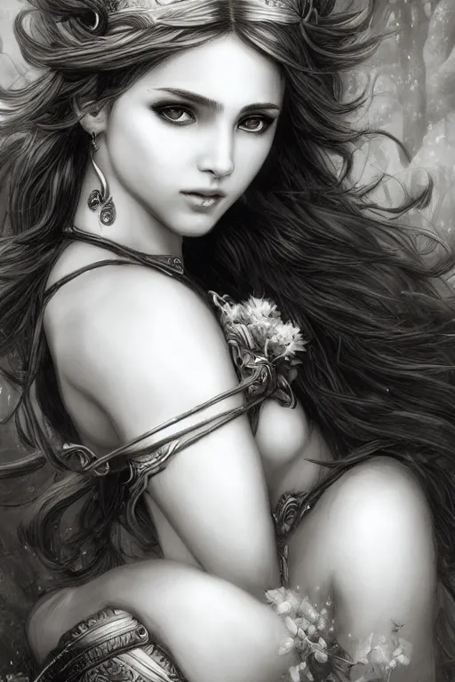 Image similar to beautiful young aphrodite goddess, archer, realistic face, beautiful eyes, black and white drawing, in the style of greg rutkowski, fantasy, amazing detail, hyperrealistic, hyperdetailed, high resolution, epic, intricate, elegant, style of laura sava, smooth, sharp focus