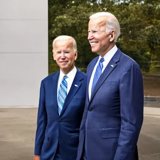 Image similar to A portrait photo of joe biden teams up with a teenage joe biden, perfect faces, 50 mm, award winning photography