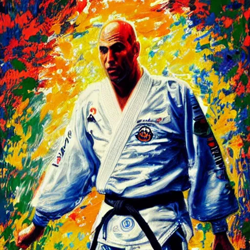 Prompt: royce gracie by leroy neiman, intricate, ultra detailed painting, atmospheric lighting, golden hour