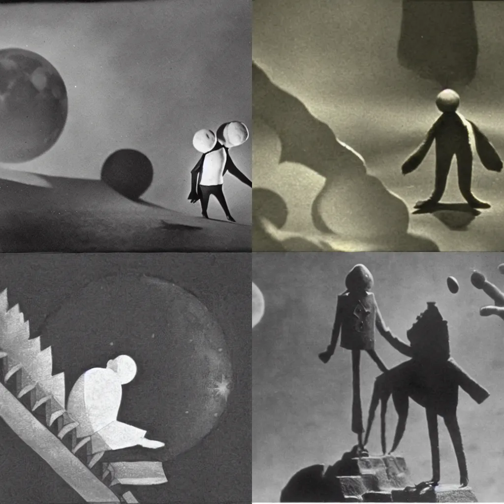 Prompt: still of the man in the moon, Laika, stop-motion film (1924)