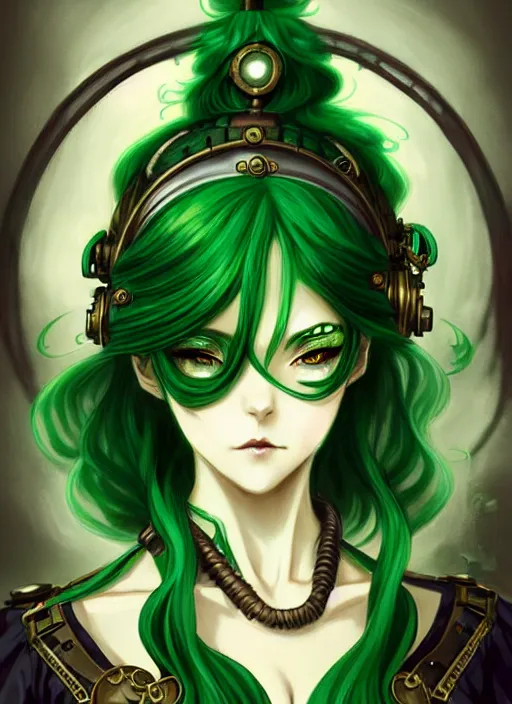 Image similar to beautiful green hair anime woman victorian dress, steampunk, fantasy, eerie, intricate details, pixiv, digital painting, artstation, concept art, 8 k, art by artgerm, loish and alohonse mucha and eiichiro oda symmetrical face symmetrical eyes