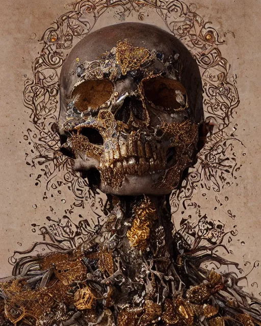 Image similar to A boney thin body girl humanoid with teared viscose clothes wearing a carved mineral mask with tiny mineral and gold incrustations. skull bones, , hyper detailed, insane details, intricate, elite, ornate, elegant, luxury, by Ismail inceoglu dragan bibin hans thoma greg rutkowski Alexandros Pyromallis Nekro Rene Maritte Illustrated, Perfect face, fine details, realistic shaded, fine-face, pretty face