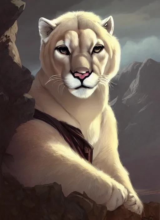 Image similar to beautiful portrait commission of a male furry anthro albino mountain lion wearing miner's clothes in the western frontier. Atmospheric. Character design by charlie bowater, ross tran, artgerm, and makoto shinkai, detailed, inked, western comic book art