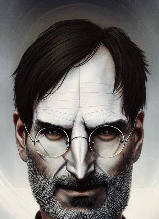 Image similar to Portrait of Steve Jobs, white glowing eyes, cloak, face enhance, male, fantasy, extremely detailed, digital painting, artstation, concept art, smooth, sharp focus, illustration, stunning lighting, art by artgerm and alphonse mucha and simon stalenhag, realistic character concept, high fantasy, light atmosphere, golden ratio, cinematic lighting, hyperdetailed, high resolution, insanely detailed and intricate, Marc Simonetti, Greg Rutkowski, 8k