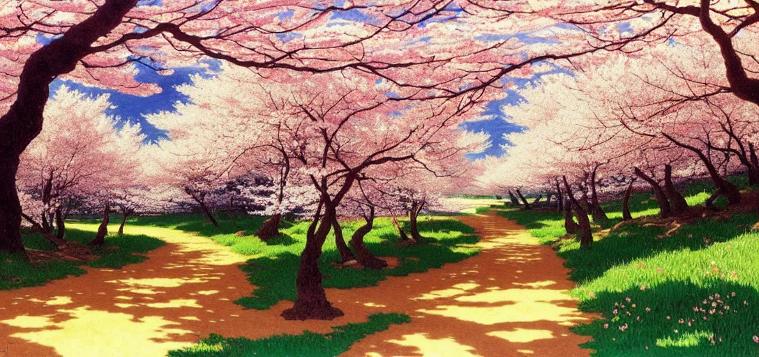 Prompt: ghibli illustrated background of a trail leading through a strikingly beautiful sulfur field, and cherry blossoms by vasily polenov, eugene von guerard, ivan shishkin, albert edelfelt, john singer sargent, albert bierstadt 4 k