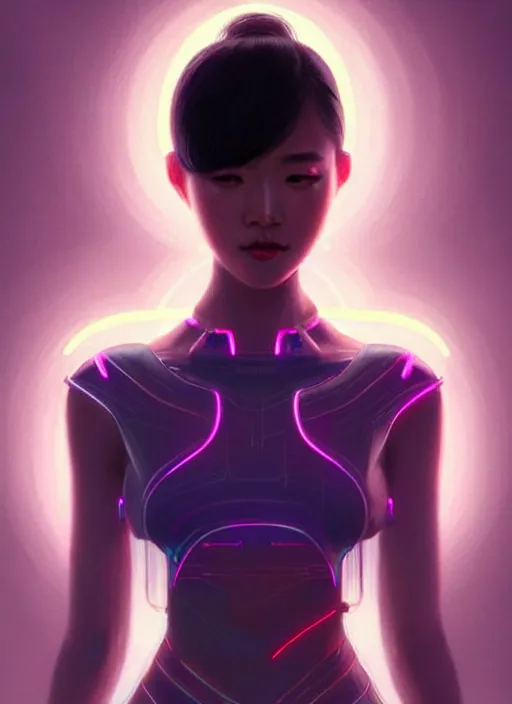 Image similar to portrait of asian female humanoid, intricate, elegant, cyber neon lights, highly detailed, digital illustration, trending in artstation, trending in pinterest, glamor pose, concept art, smooth, sharp focus, art by artgerm and greg rutkowski