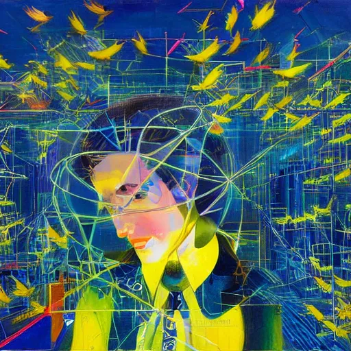 Prompt: a joyful golden blue hacker surrounded by birds, neon virtual networks, and information visualization, oil on canvas inspired by dave mckean and yoji shinkawa