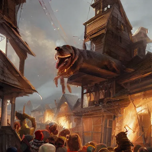 Image similar to a highly detailed oil painting of a giant dog smashing houses, bystanders watching from the sides, 4 k, by greg rutkowski, artstation,