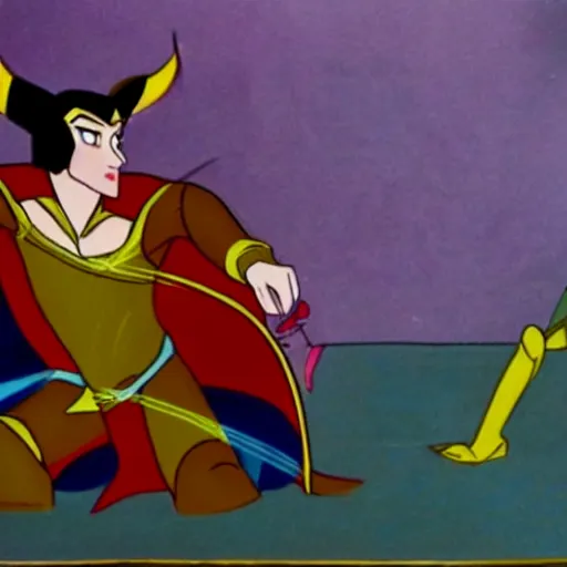 Image similar to Film still, animation frame of the trickster god Loki playing a trick on princess, from the Disney animated film, Valhalla (1996)