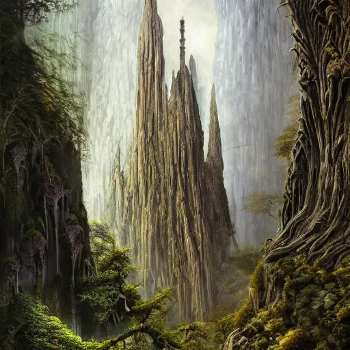 Prompt: a beautiful and highly detailed oil painting of an elven temple deep in the misty mountains, secret valley, tall spires, beautiful trees, runes carved into the stone, intricate details, epic scale, insanely complex, 8 k, sharp focus, hyper realism, fantasy landscape, psychedelic, by caspar friedrich, brian froud, albert bierstadt,