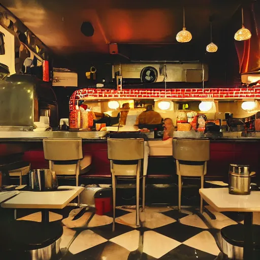 Image similar to inside of a diner serving hot pancakes with alien waiters, cozy lighting, late night, photo