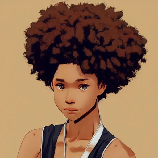 Image similar to a comic portrait of a teenager light - skin girl, afro hair, fine - face, realistic shaded perfect face, fine details, day setting. very anime style. realistic shaded lighting poster by ilya kuvshinov katsuhiro, magali villeneuve, artgerm, jeremy lipkin and michael garmash, rob rey and kentaro miura style, trending on art station