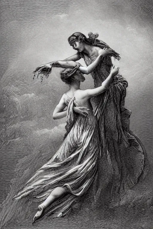 Image similar to A maiden dancing with the devil in the style of Gustave Dore