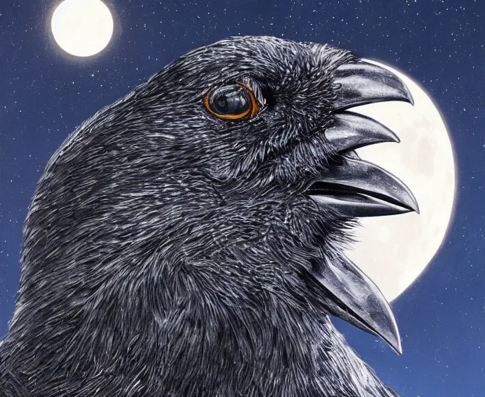 Image similar to a hyper-detailed movie poster, , close-up portrait of a crow flying above a tree in front of the full big moon; an extraordinary masterpiece!!!; flawless; proud posture; photorealistic eyes; trending on artstation; f/1.4; 90mm