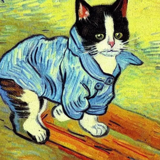 Image similar to a cute cat in a duffle coat, impressionist painting, painted by Van Gogh