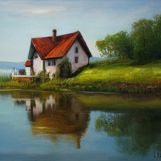 Prompt: a house by the lake painted by igor kieryluk