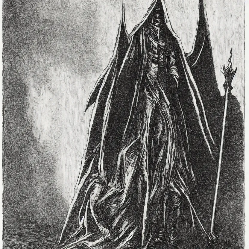Image similar to an etching of sauron standing, surrounded by kneeling nazgul