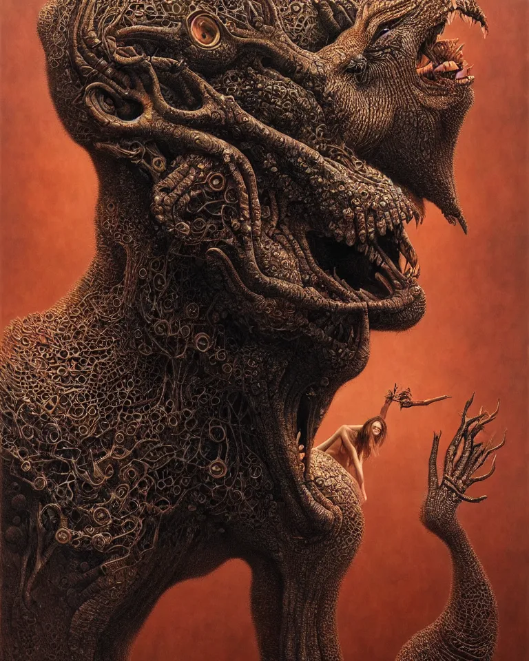 Image similar to ultra realist intricate detailed portrait of an attractive female turning into an animal, insanity, accurate features, apocalyptic, very intricate details, 8 k resolution, dim lighting, volumetric lighting, artstyle, zdzisław beksinski and keith thompson, award winning