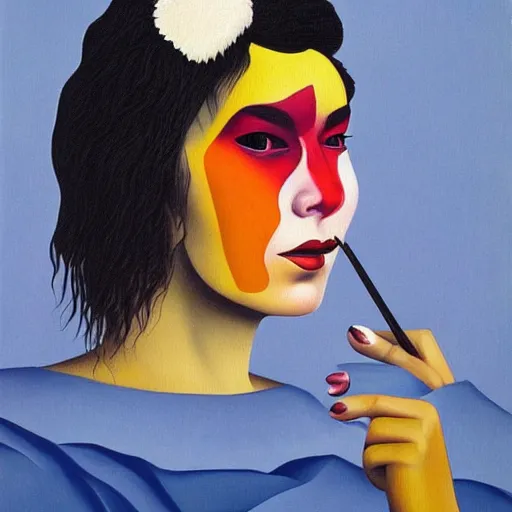 Image similar to very detailed portrait of bjork wearing dramatic makeup. painted by rene magritte, 1 9 2 7. oil on canvas.