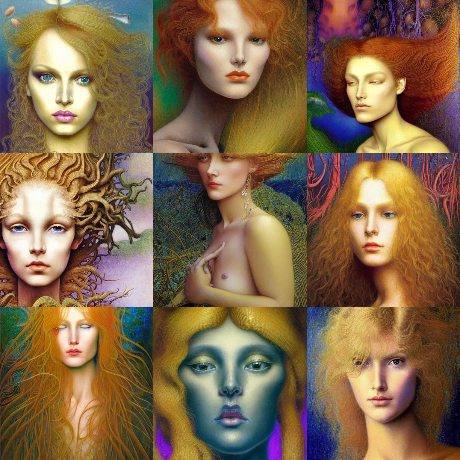 Prompt: realistic detailed face portrait painting of a beautiful woman with blond hair by Jean Delville, Amano, Yves Tanguy, Edward Robert Hughes, futuristic sci-fi forest on background by Roger Dean, rich bright moody colors