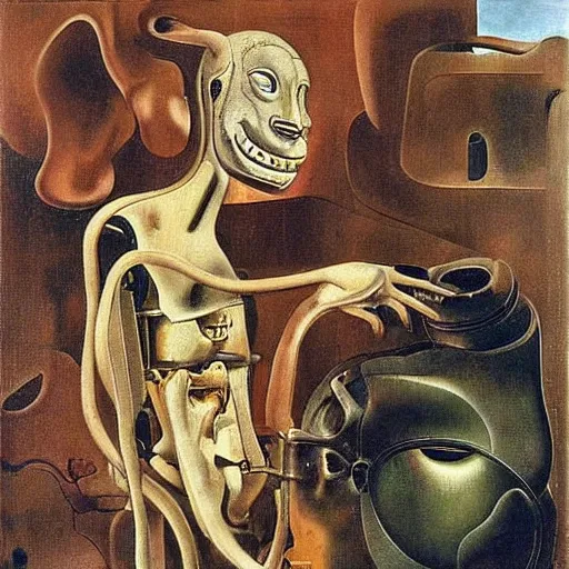 Image similar to Oil painting by Dali. Two mechanical gods with animal faces having a conversation. Oil painting by Hans Bellmer.