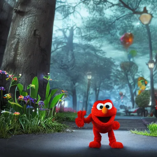 Image similar to stunning, coherent, impressive, detailed still of black a family beating up (elmo) in a fantasy dream world park, follow shot, 3d, in the style of pixar, comic book style, 3d, highly detailed, sharp focus, bokeh, depth of field, 16k resolution, Unreal Engine 5, coherent, cinematic lighting, photorealistic, by Zhang Jingna