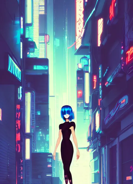Prompt: digital illustration of cyberpunk pretty girl with blue hair, wearing a tight black dress, in city street at night, by makoto shinkai, ilya kuvshinov, lois van baarle, rossdraws, basquiat