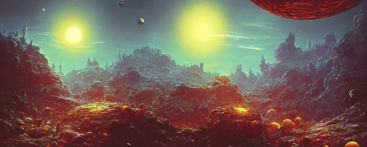 Image similar to ” outer planet with strange and mysterious eggs and larvae, [ art by paul lehr, cinematic, detailed, epic, widescreen, opening, establishing, mattepainting, photorealistic, realistic textures, octane render ] ”