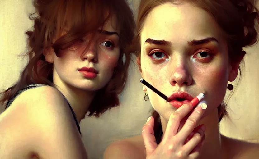 Prompt: portrait of several girls with smoking cigarettes, sitting on a couch, highkey, realistic, serov, surikov, vasnetsov, repin, kramskoi, ultra realistic, depth of field insanely detailed, charlie bowater, tom bagshaw, norman rockwell, octane rendered, unreal engine, rendering, trending on artstation, 8 k