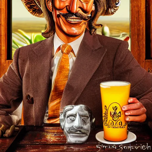 Image similar to a closeup photorealistic photograph of smiling salvador dali at trader vic's bar sitting next to a trader vic's style tiki mug featuring the face of salvador dali. tiki culture. bright scene. 4 k hd image that's trending on artstation, featured on behance, well rendered, extra crisp, features epic composition and the style of unreal engine.