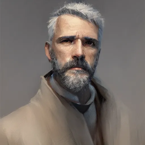 Image similar to An oil painting of a man dressed in priest robes, 50 years old, short grey hair, trimmed beard, sharp facial features, beautiful, highly detailed, by Cédric Peyravernay, trending on artstation