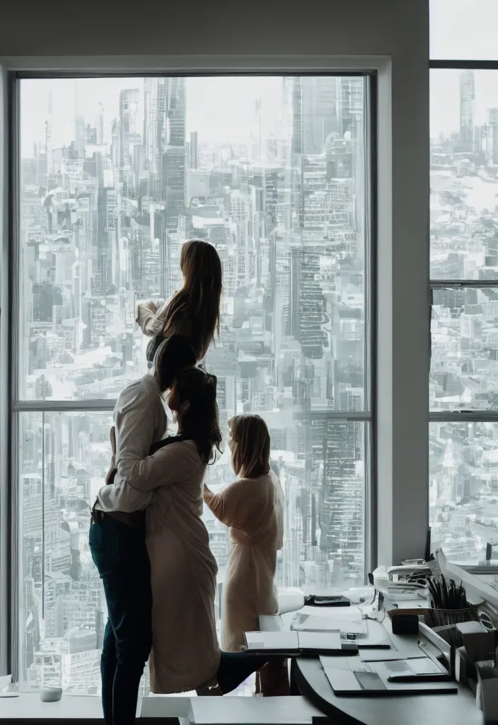 Image similar to wife hugging her husband that is working at his futuritic desk looking at the window with a futuristic city, highly detailed