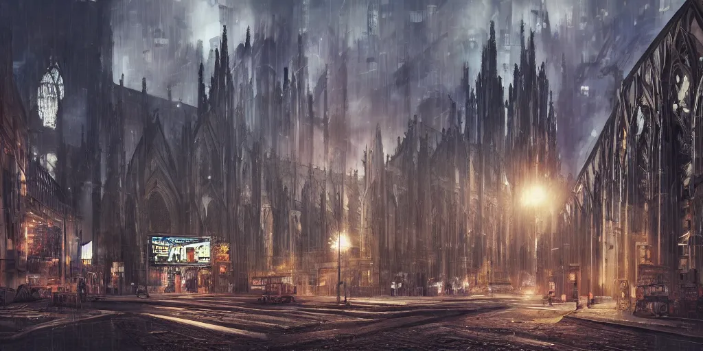 Image similar to wide shot, photorealistic art of a cyberpunk punk and steampunk Cologne Cathedral, city concept, dynamic lighting, hyper realistic, cinematic, realism