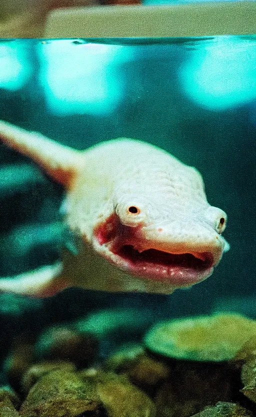 Prompt: Close up of an axolotl in an aquarium, insanely detailed, octane render, cinestill 800t, low light and soft focus