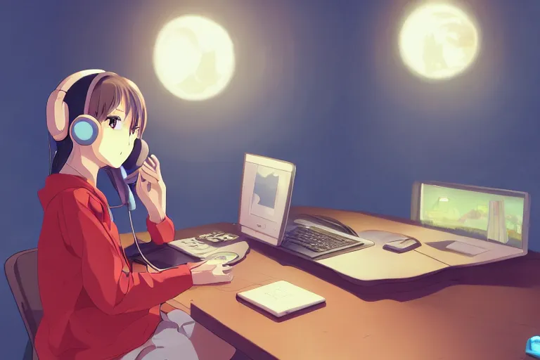 Prompt: lo - fi anime girl playing computer games, wearing a blue cardigan and red aesthetic lo - fi headphones, brightly lit room, a lamp hovers above as it illuminates the room, illustrated by juan pablo machado, nighttime!!!!!!, cgsociety contest winner, artstation, golden ratio, dim lighting, studio ghibli!!!, 4 k