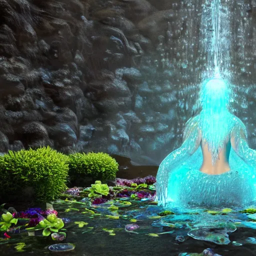 Image similar to ultra realistic 3 d render of a goddess made of water and flowers rising out of the water dripping by anwar mostafa and farid ghanbari, beautiful, bioluminescent, ethereal, mist, waterfall