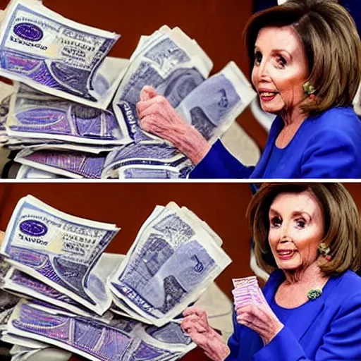 Prompt: nancy pelosi playing with money on the floor wlop