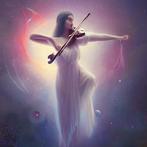 Image similar to a high quality portrait of a celestial goddess of life playing a mystical violin and springing life into the universe, by WLOP, by Beeple, by greg rutkowski