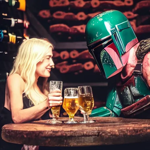 Image similar to Boba Fett and a beautiful young blonde drinking beer in a wine cellar, food, meat, schnapps, torches on the wall, romantic, inviting, cozy