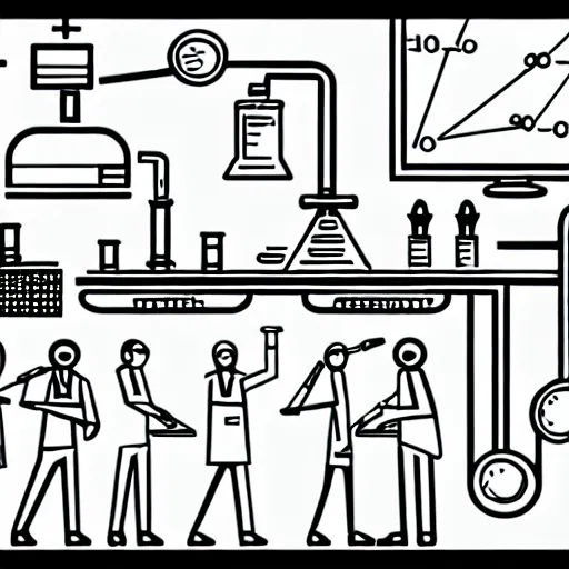 Prompt: pencil illustration of a group of scientists creating a machine that will transform the future. highly detailed, schematics, line work, laboratory