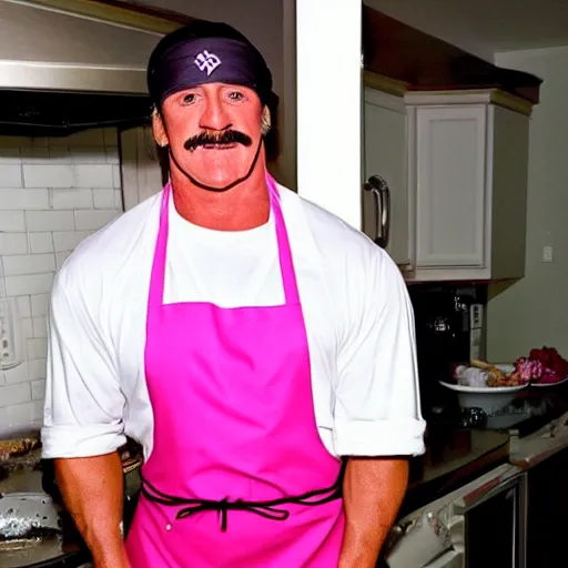 Image similar to Hulk Hogan baking cookies with a pink apron