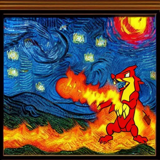 Image similar to charizard spitting fire, the background is the starry nights by van gogh, oil - on - canvas painting, hdr, 4 k