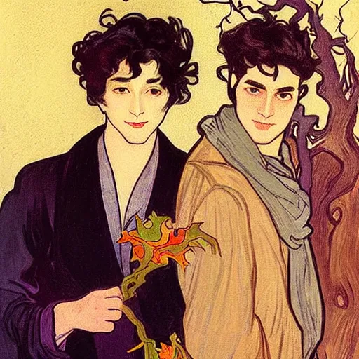 Prompt: painting of young cute handsome beautiful dark medium wavy hair man in his 2 0 s named shadow taehyung and cute handsome beautiful min - jun together at the halloween! party, bubbling cauldron!, candles!, smoke, autumn! colors, elegant, wearing suits!, delicate facial features, art by alphonse mucha, vincent van gogh, egon schiele