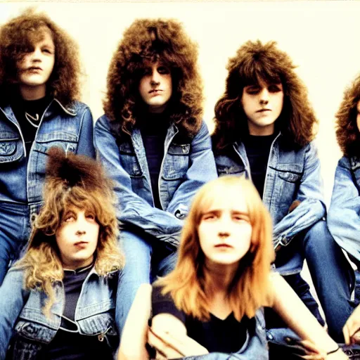 Image similar to group of 1 9 - year - old girls with shaggy wavy hair, wearing double denim, proto - metal band promo, heavy rock band promo photo, 1 9 7 5 photo